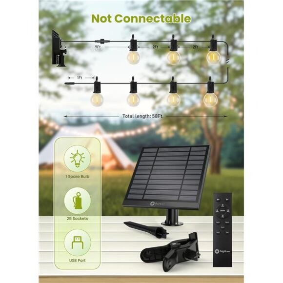 58FT Solar String Lights Outdoor with Remote Cable Ties and Hooks, Patio Lights - Picture 6 of 7